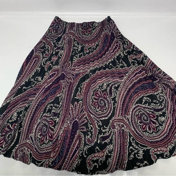 Vintage Pleated Midi Skirt Medium  Elastic Waist Purple Black Geometric Boho - Picture 5 of 8